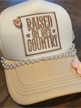 Handmade Beige 'Raised on 90's Country' Cap with Pearls